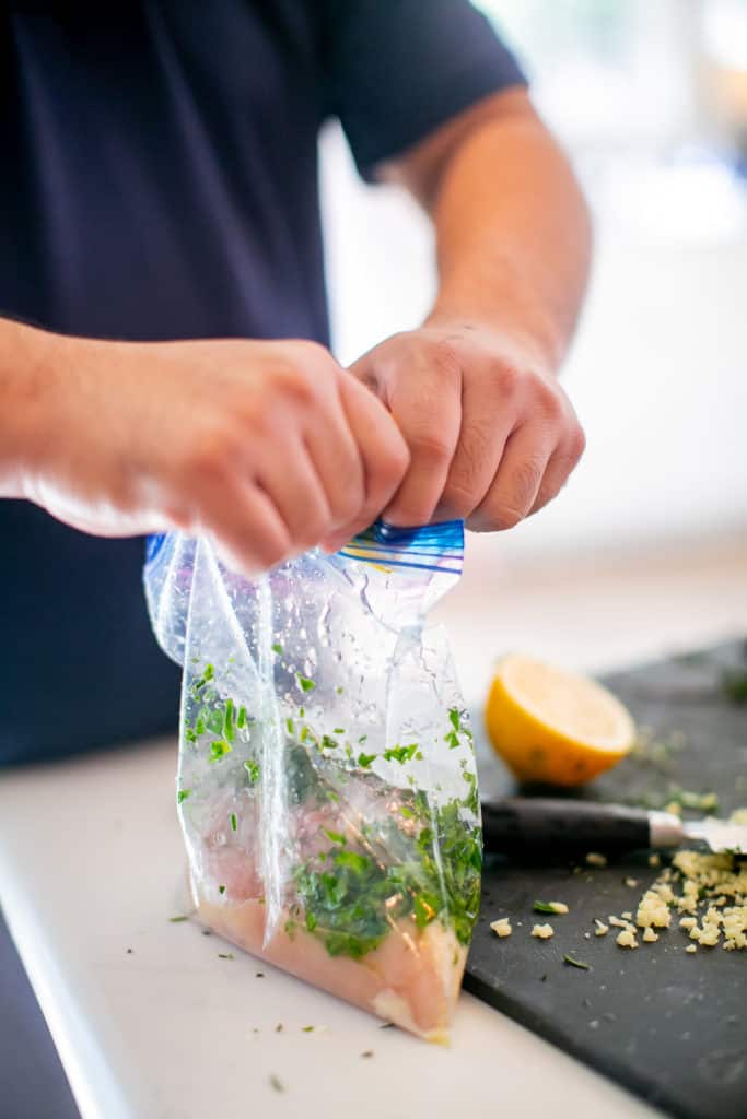 Mixing all ingredients in a Ziploc bag before submerging to a sous vide container