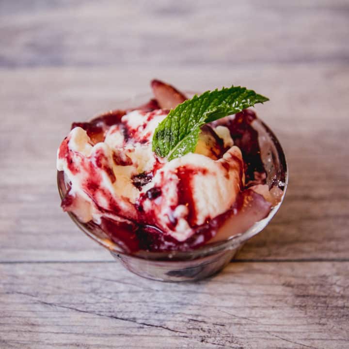 Vanilla ice cream mixed with poached pear
