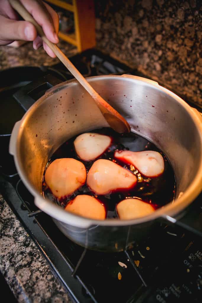 Pears simmered in a sauce pan