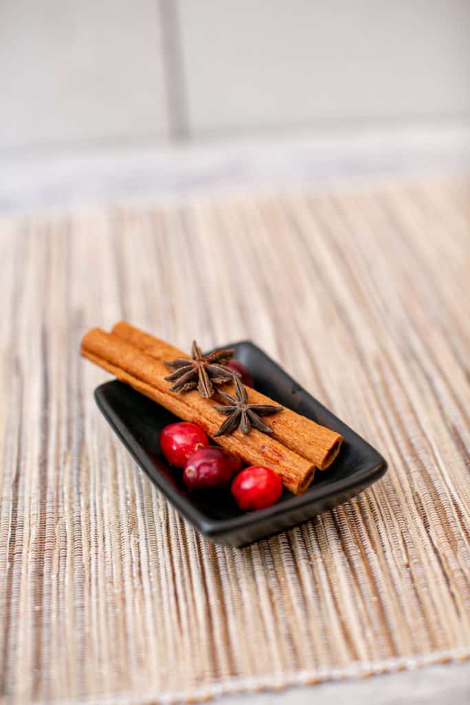A pair of cinnamon sticks, star anise and cranberries in a small bowl