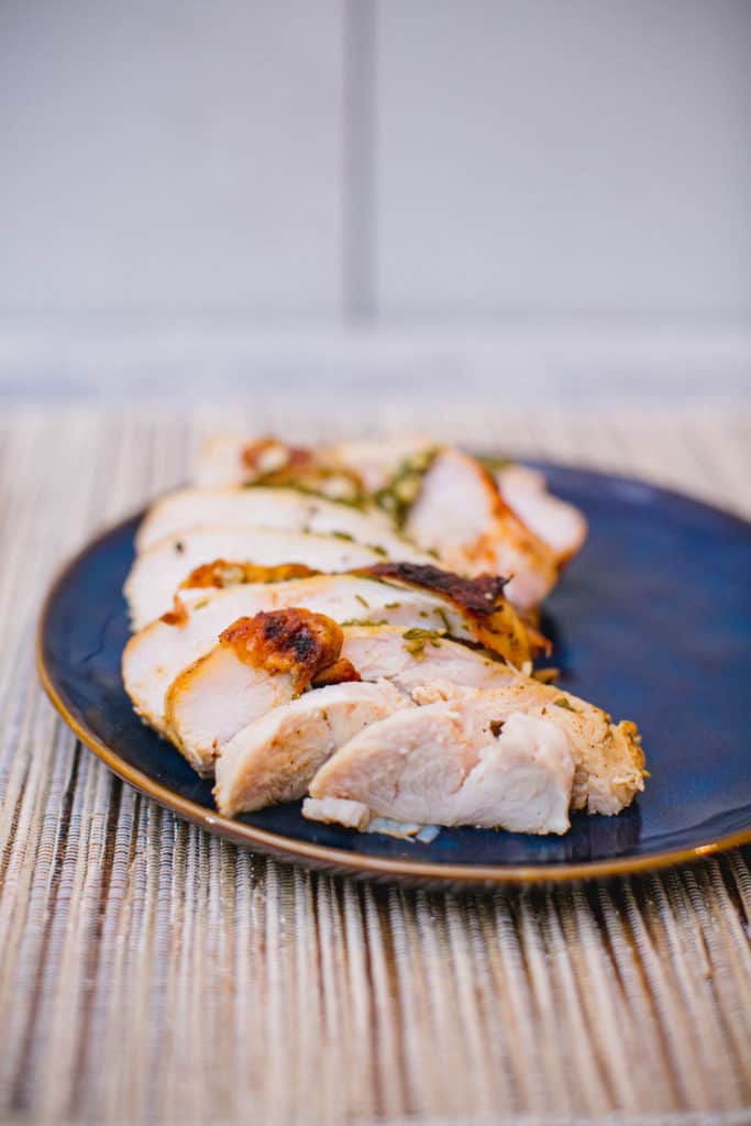 A plate of oven roasted brined turkey breast