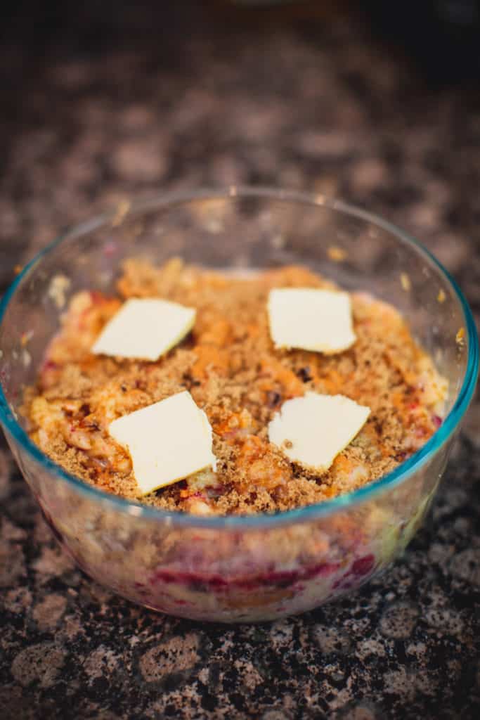 All the ingredients needed for an eggnog bread pudding recipe placed in one mixing bowl