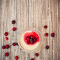 A top view of eggnog panna cotta with cranberry sauce near fresh cranberries placed on a placemat