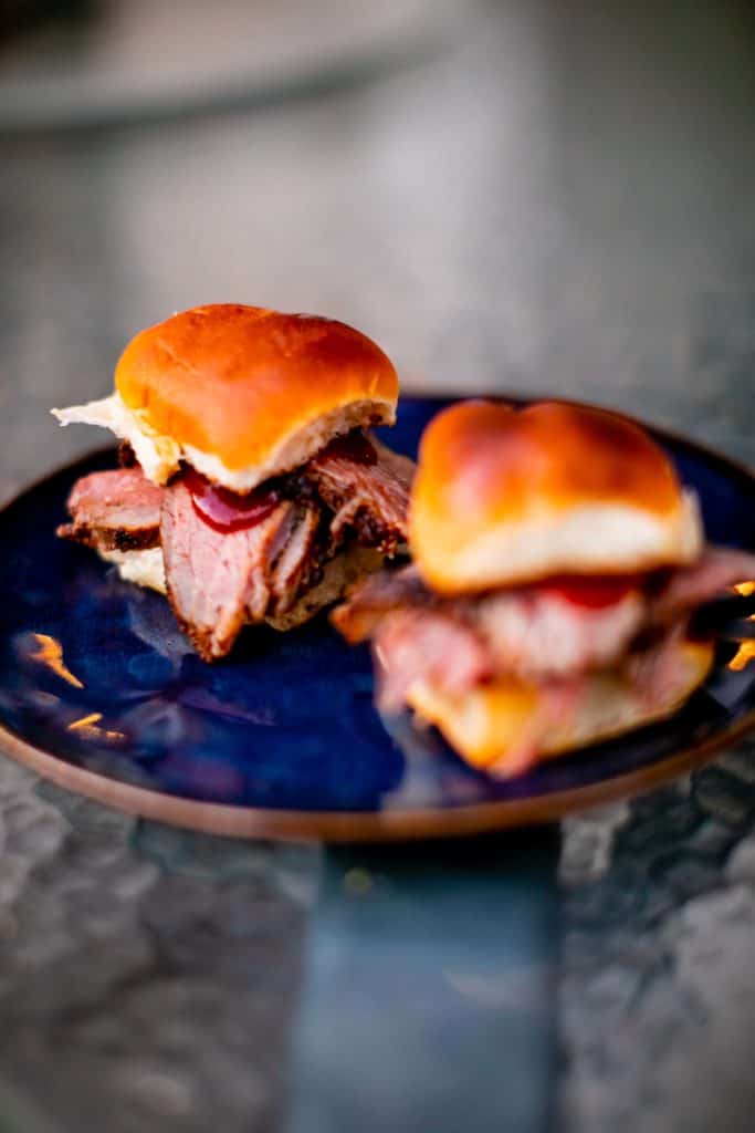 Tri tip with barbecue sauce on sweet Hawaiian rolls