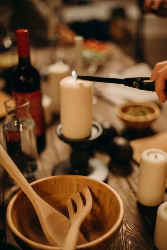 Wooden utensils and bowl on a dining table