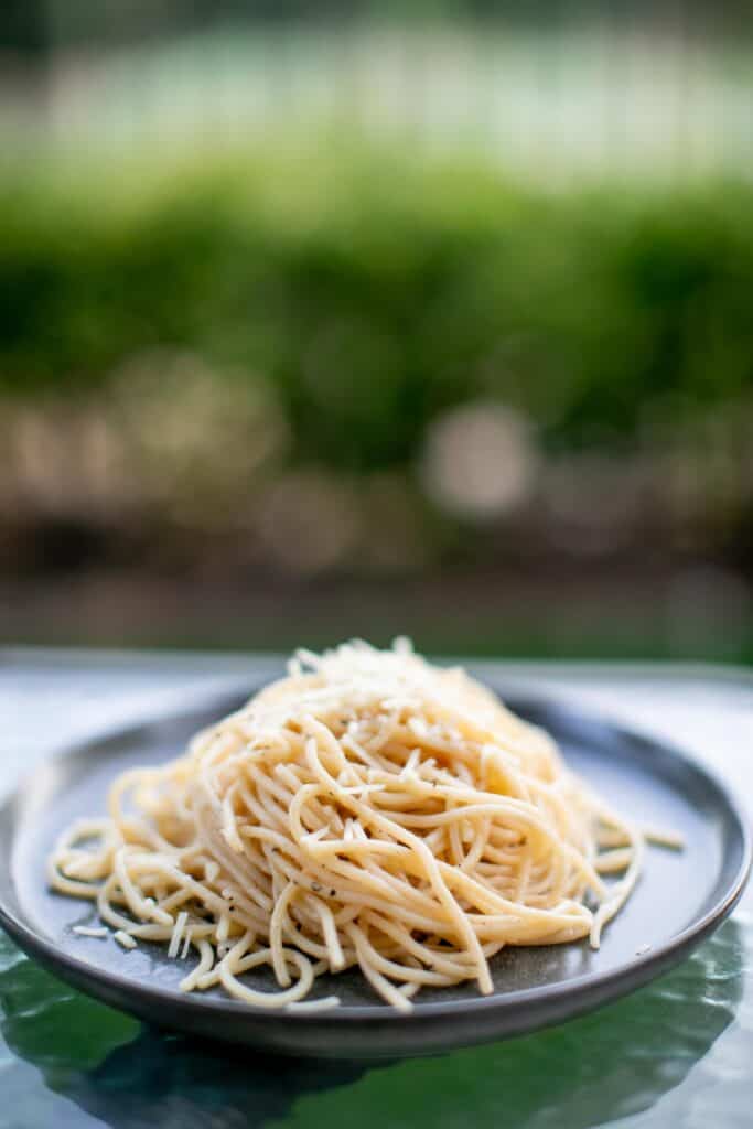 Prepared Parmesan buttered noodles recipe on a plate