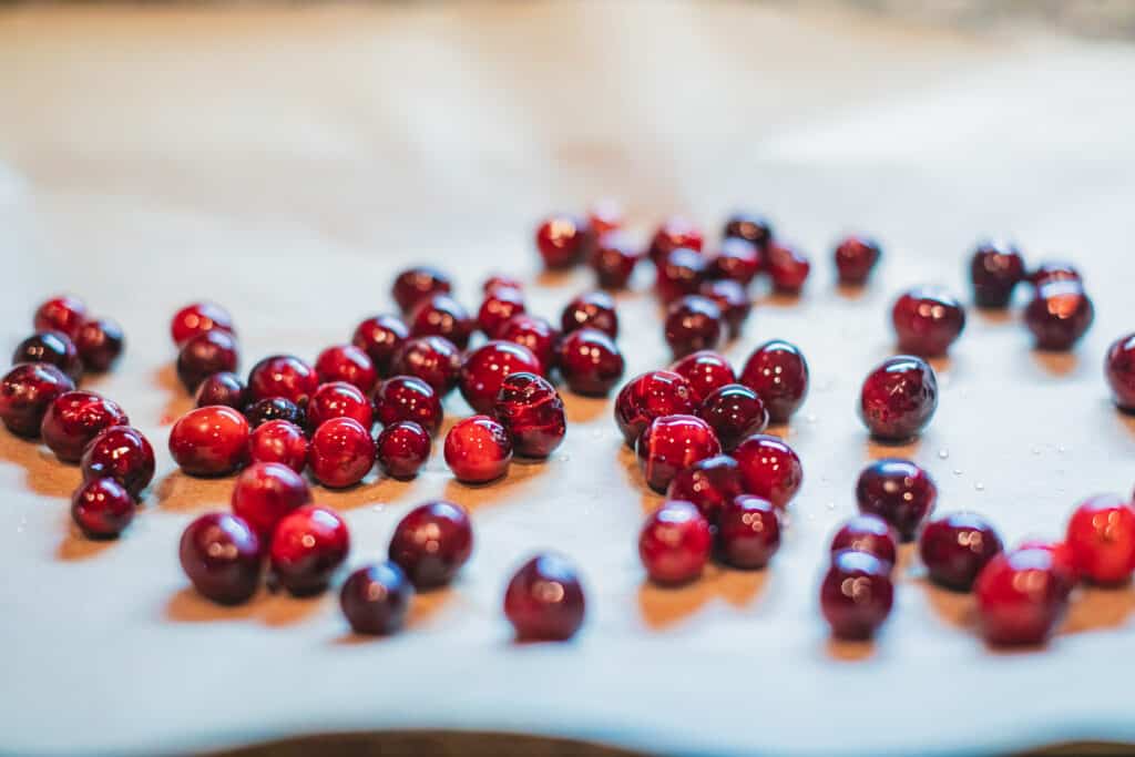 Several cranberries on a piece of butcher paper