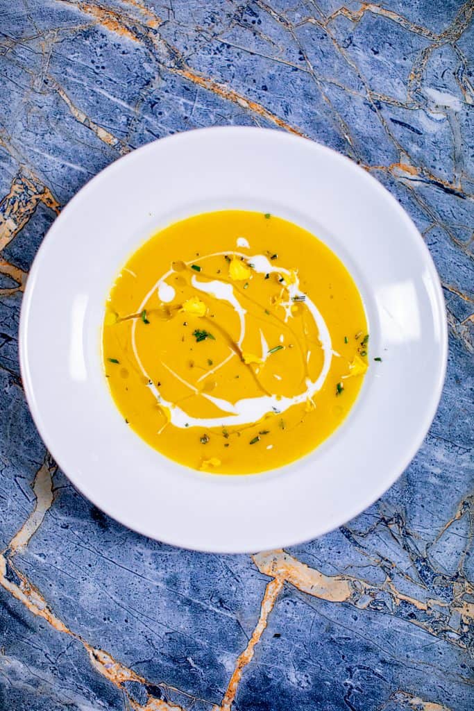 Prepared butternut squash soup recipe in a plate