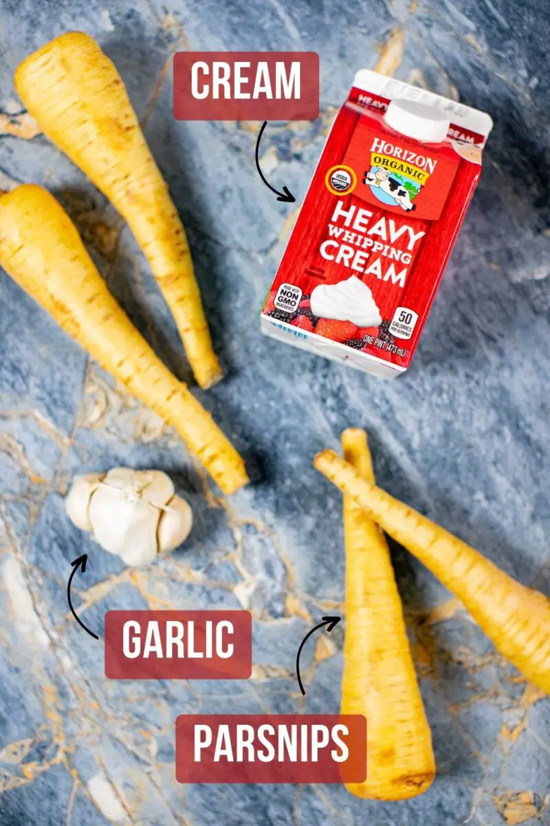 Ingredients needed for creamy garlic mashed parsnips
