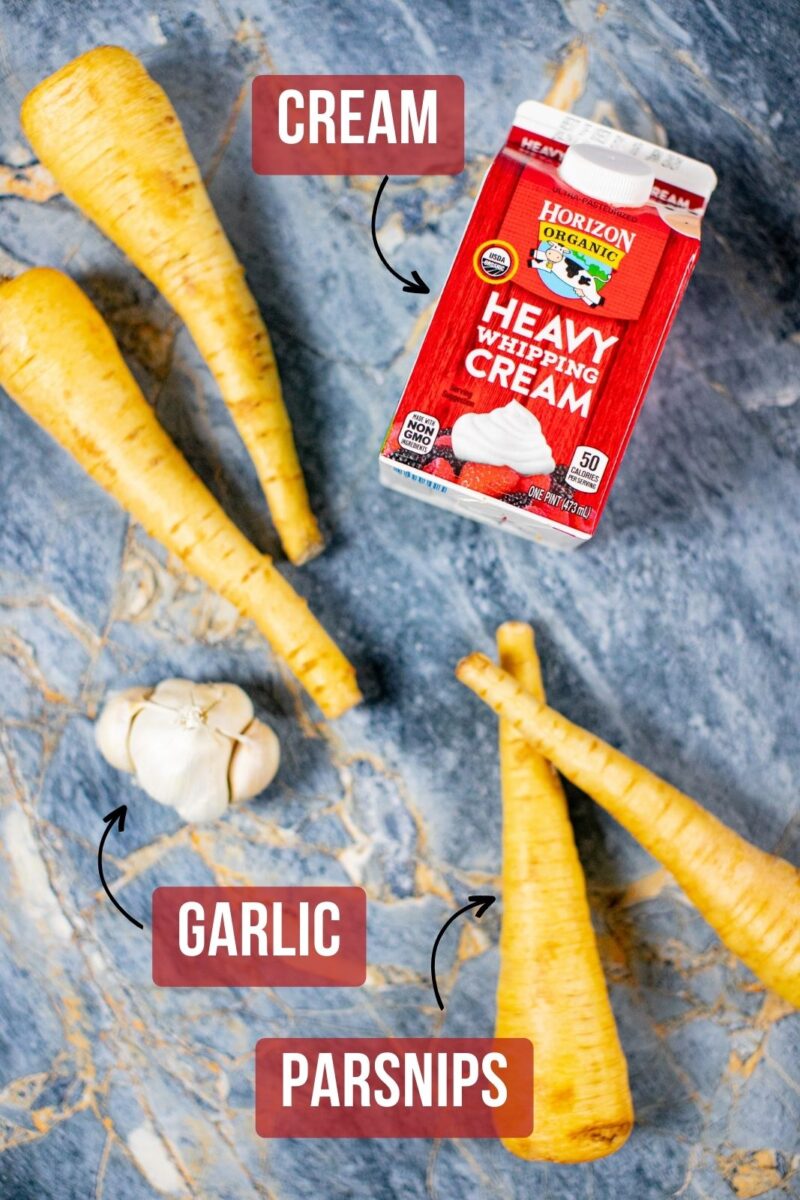 Ingredients needed for creamy garlic mashed parsnips