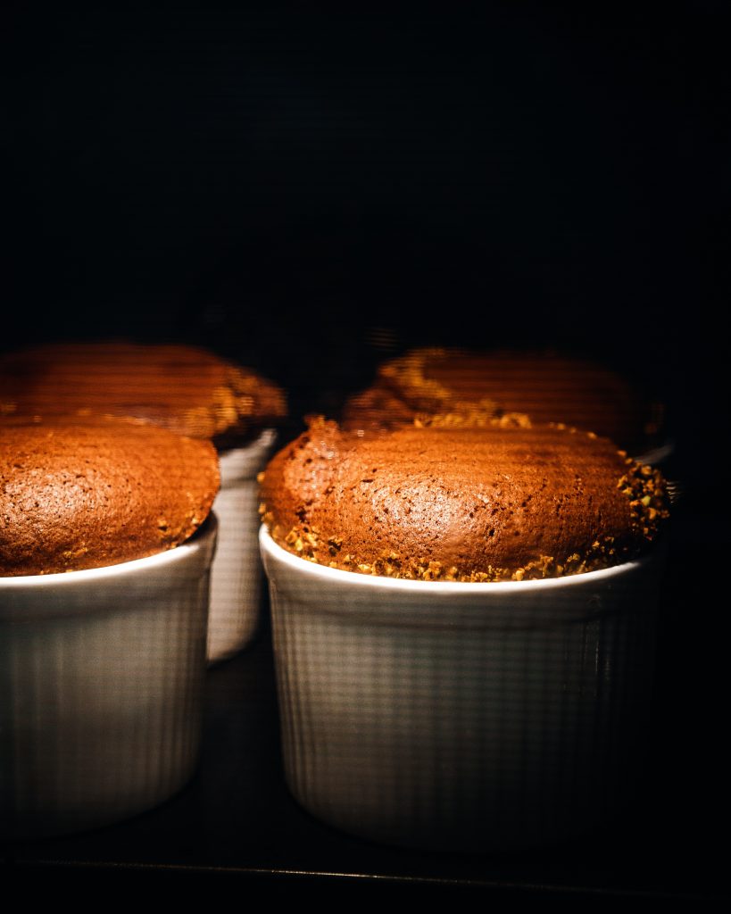 Chocolate soufflé in the oven