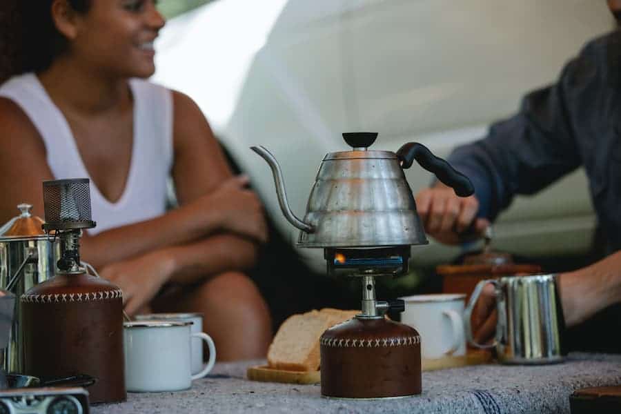 Steaming coffee in a small tank