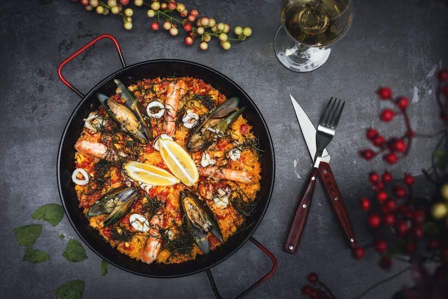 Delicious paella on a paella pan