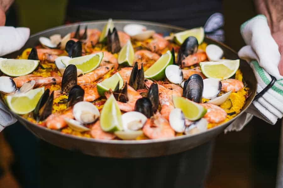 Delicious seafood paella on a paella pan