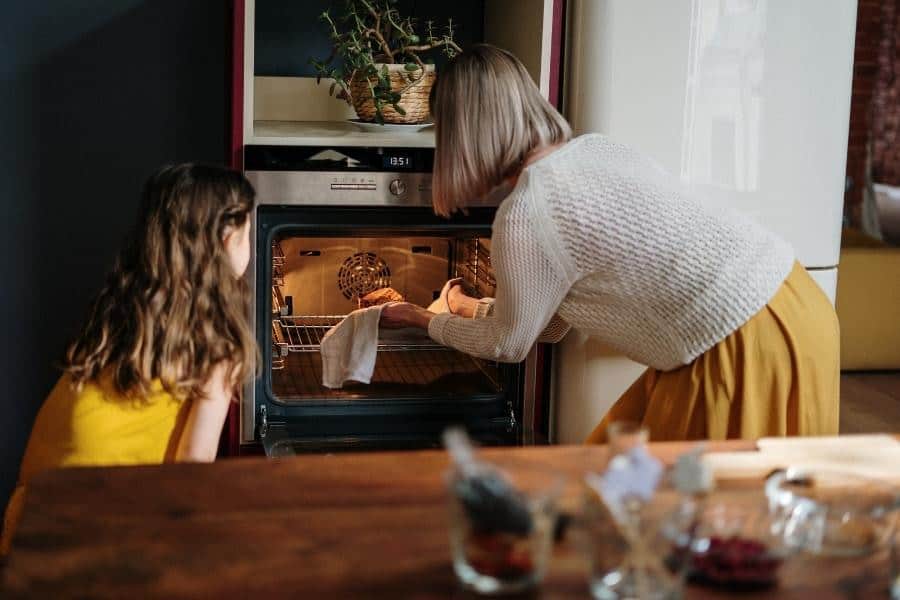 An image of a woman using an oven toaster