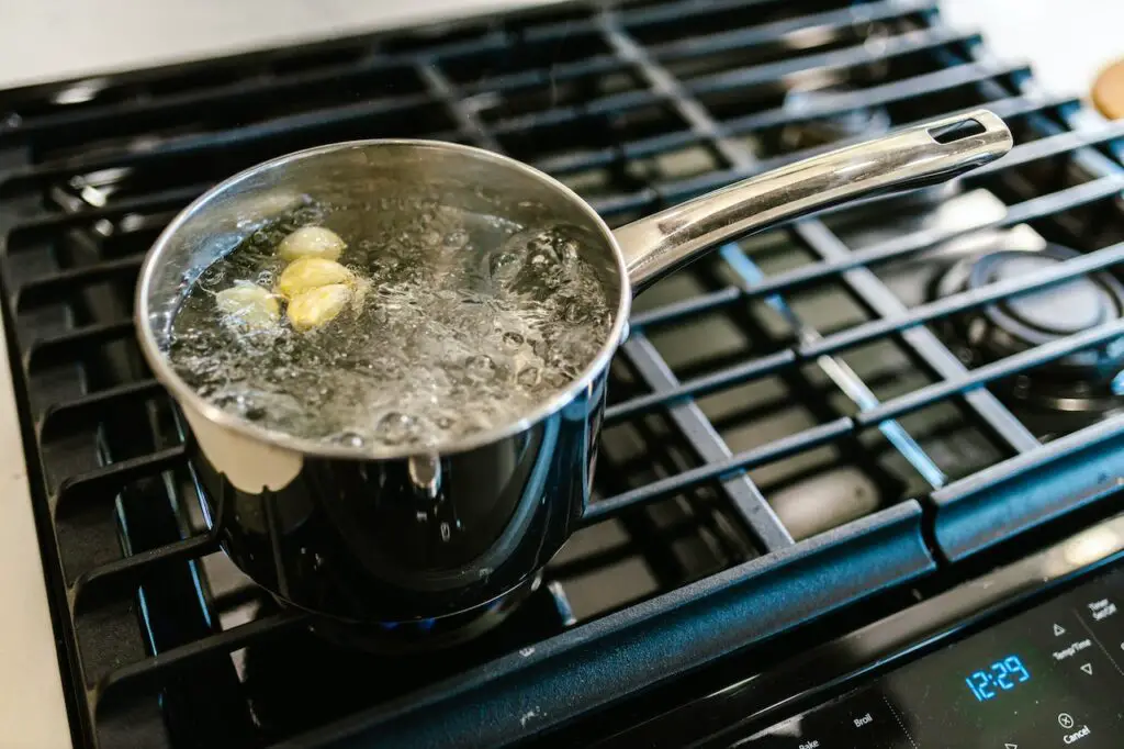 Silver stainless pot with boiling water and garlic cooking on a stovetop in the kitchen