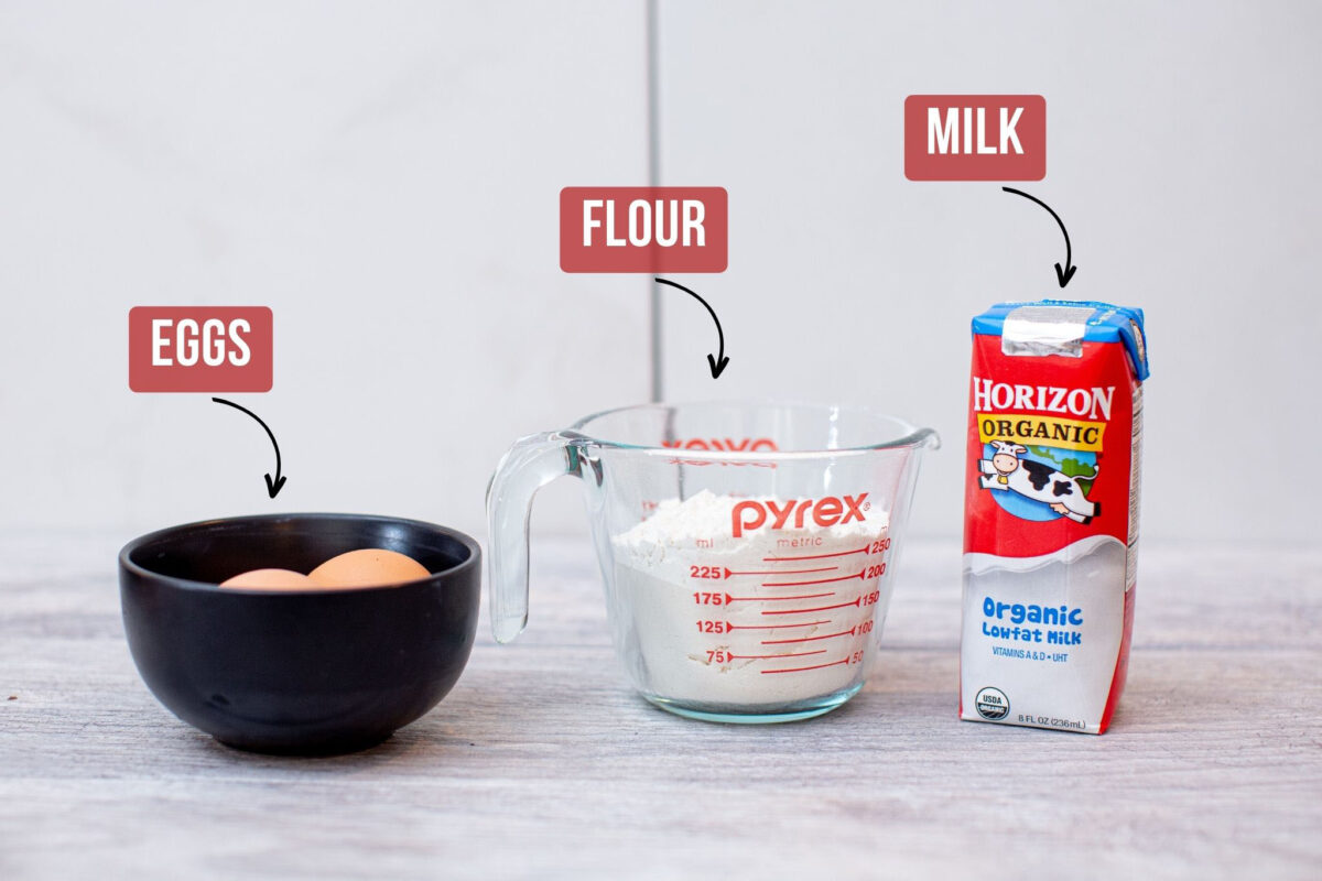 Ingredients needed to make Yorkshire popovers in a muffin tin