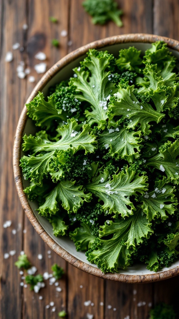 lightly salted crispy kale chips in a bowl with a rustic wooden background