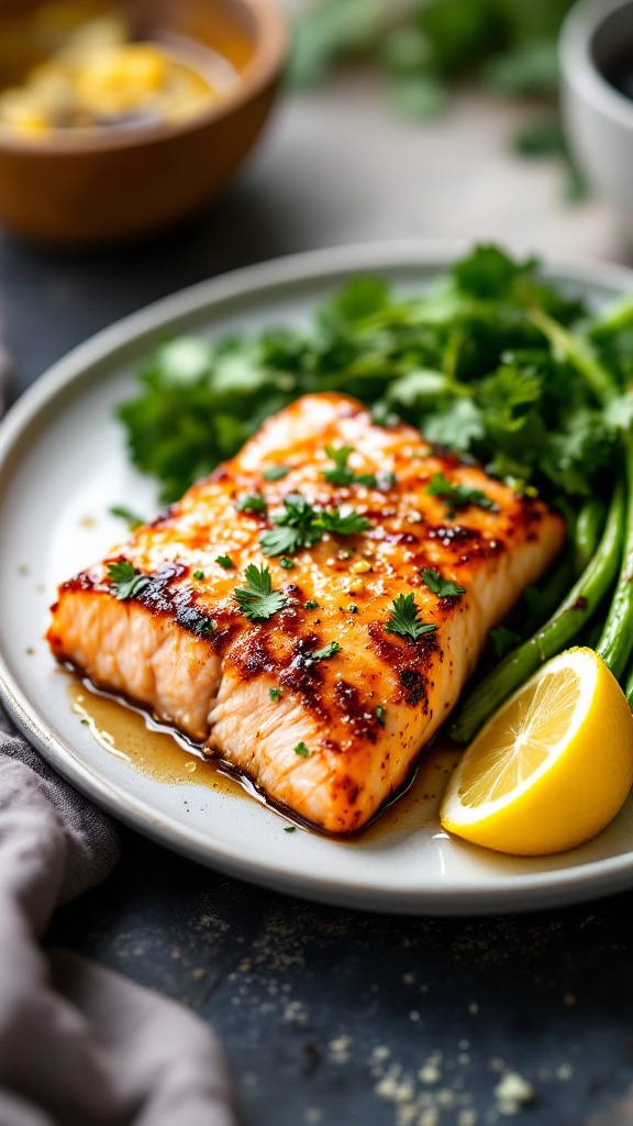 honey garlic glazed salmon fillet on a plate with steamed vegetables and a lemon wedge