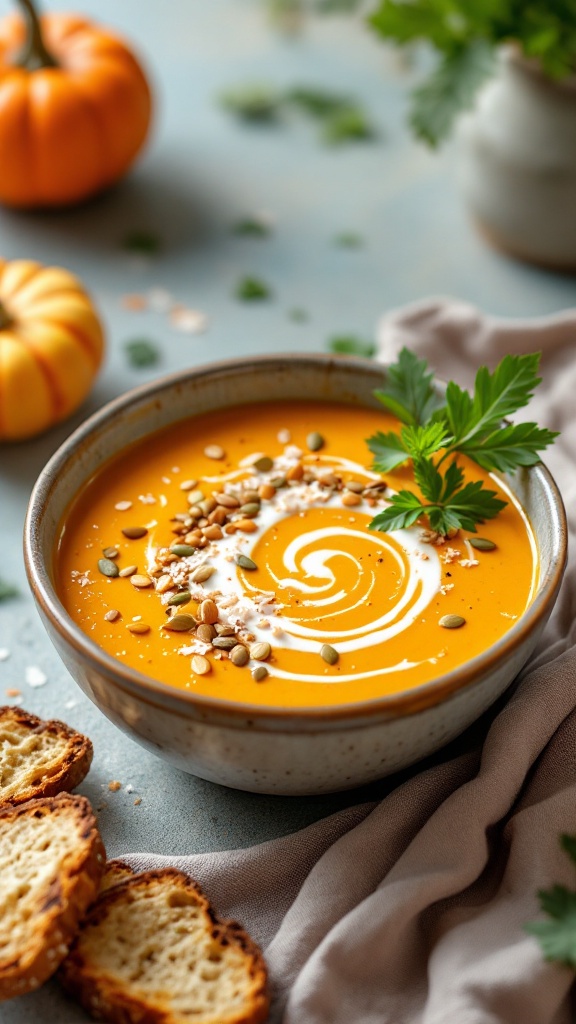 A bowl of curry pumpkin soup topped with cream and seeds, with small pumpkins and herbs in the background.