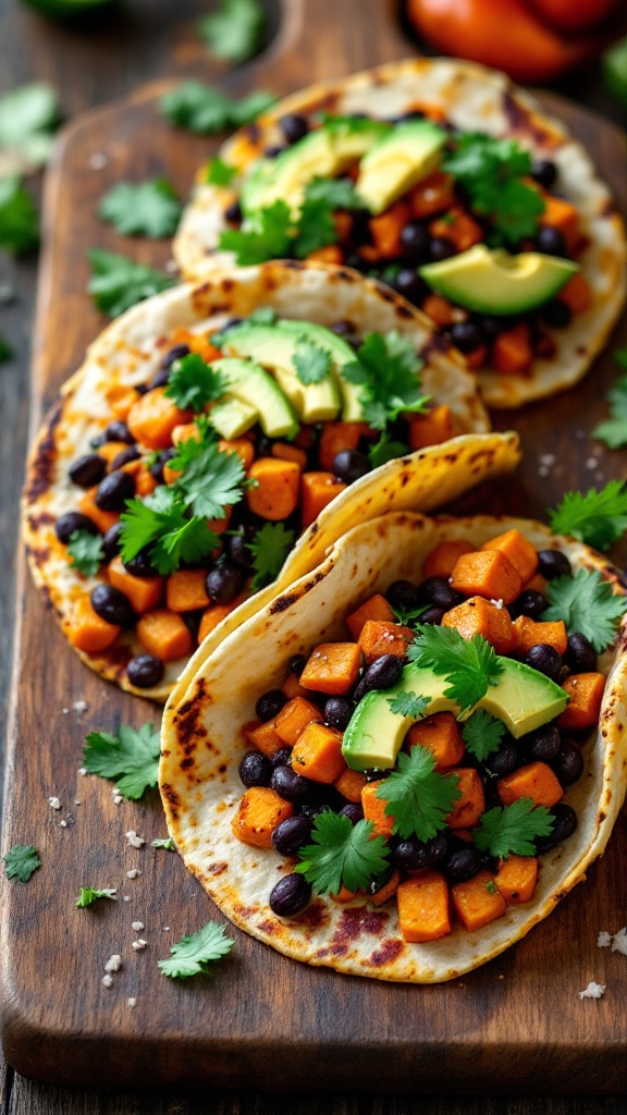 Three sweet potato and black bean tacos garnished with avocado and cilantro on a wooden cutting board.