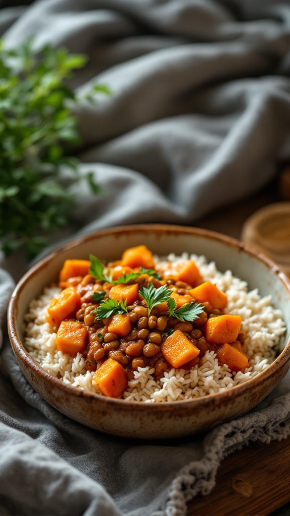 Bowl of spicy lentil and sweet potato curry served over rice, garnished with parsley.