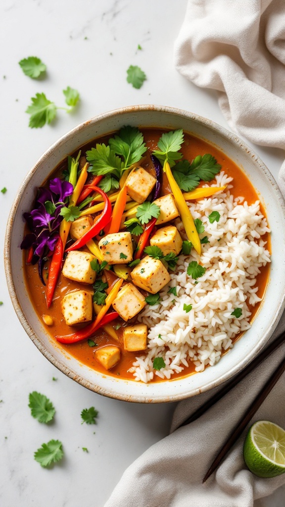 A bowl of Thai coconut curry with tofu, colorful vegetables, and rice.