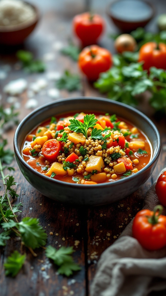 A bowl of hearty vegetable and quinoa stew surrounded by fresh tomatoes and herbs.