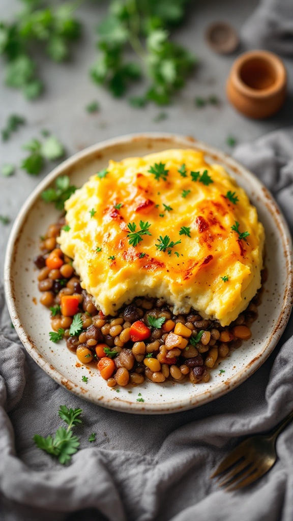 A plate of lentil and vegetable shepherd's pie topped with mashed potatoes and garnished with parsley.