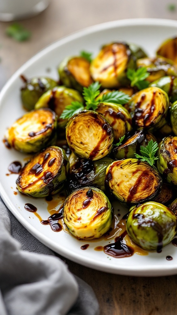 A plate of balsamic glazed Brussels sprouts garnished with herbs.