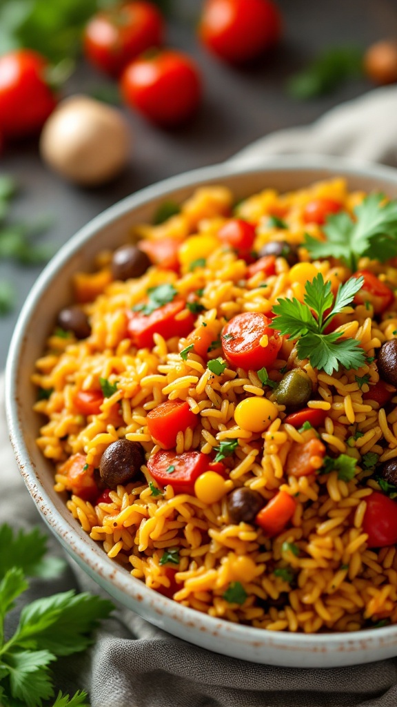 A bowl of vegetarian jambalaya filled with rice, beans, and fresh vegetables, garnished with parsley.