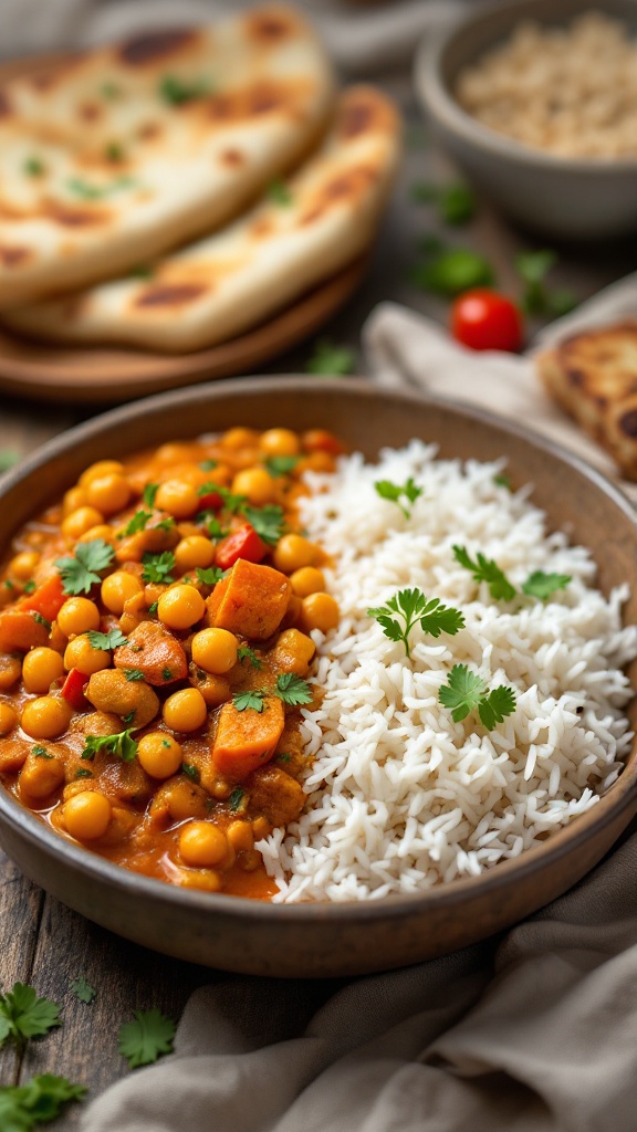 A bowl of vegetable and chickpea curry served with rice and naan.