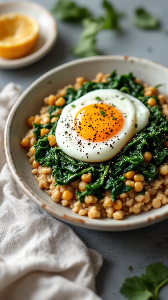 A bowl of savory oatmeal topped with spinach and a poached egg.