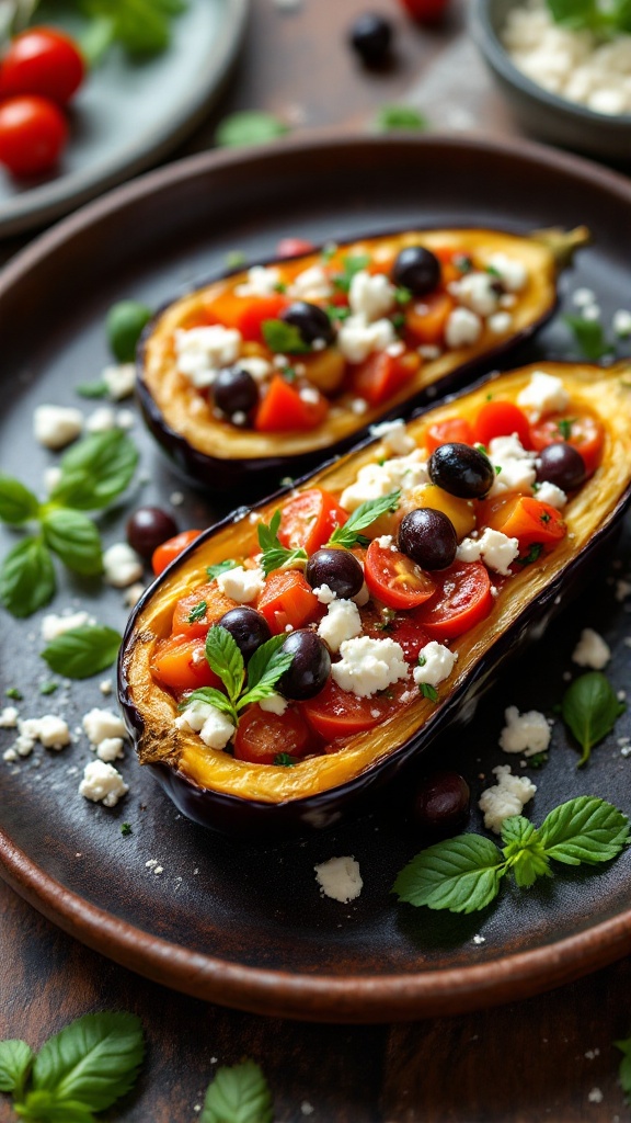 Two halves of eggplant stuffed with tomatoes, olives, and feta cheese, garnished with fresh herbs.