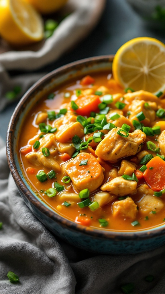 A bowl of turmeric ginger chicken soup with vibrant vegetables and herbs, garnished with green onions.