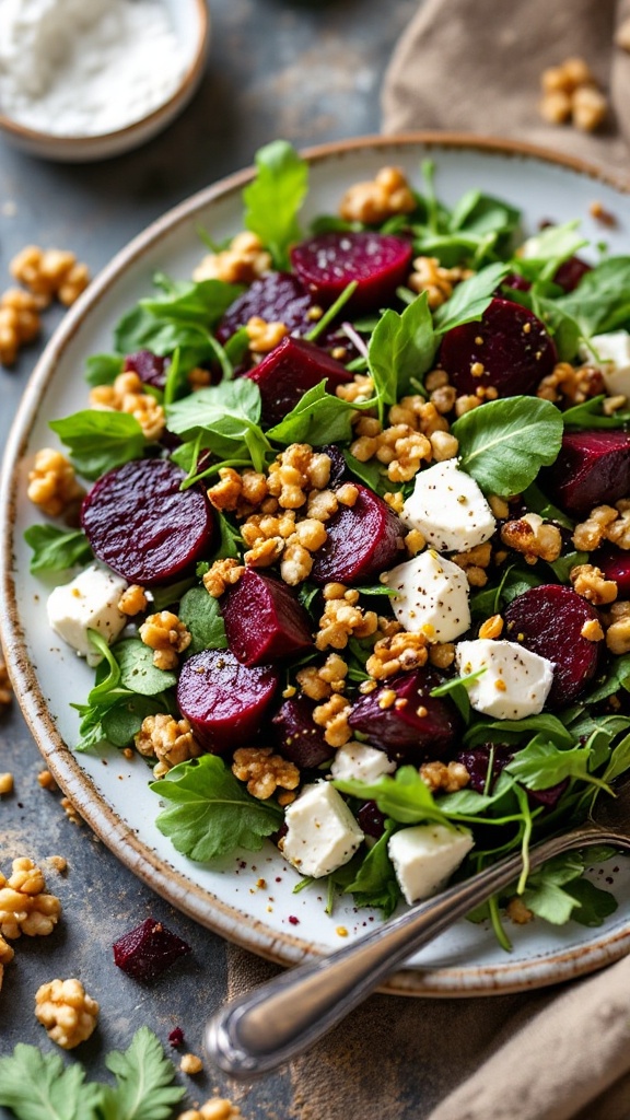 A vibrant salad featuring roasted beets, goat cheese, greens, and crunchy toppings on a plate.