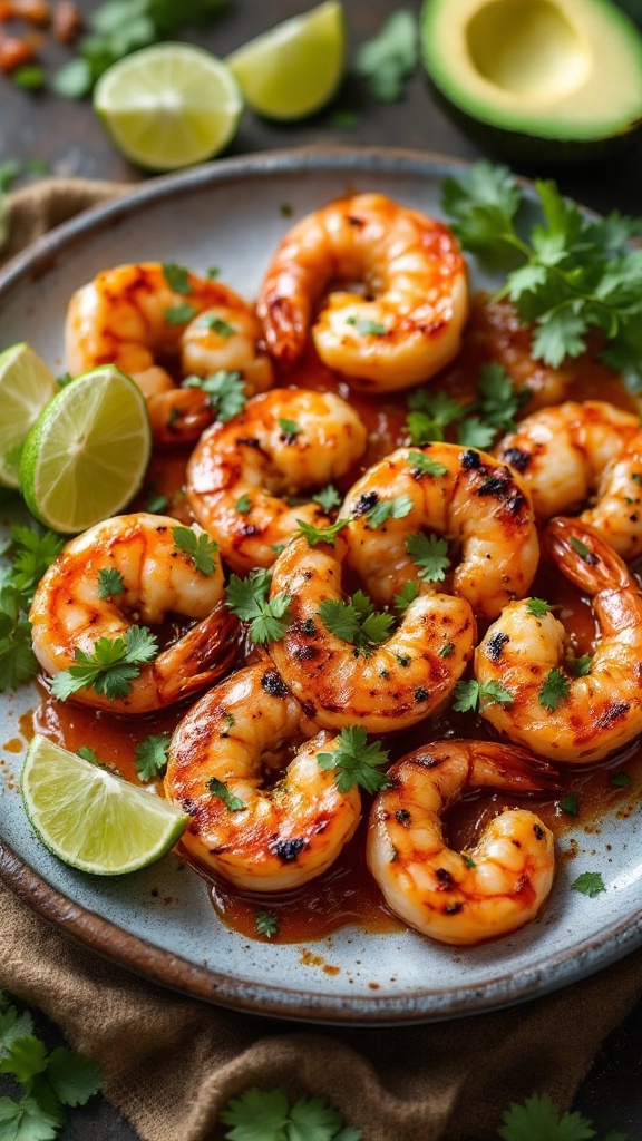 Plate of grilled shrimp garnished with cilantro and lime slices