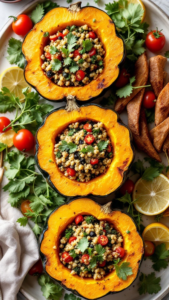 Stuffed acorn squash filled with quinoa, herbs, and cherry tomatoes, served with lemon and cilantro.