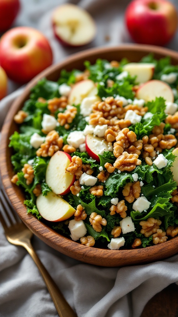 A vibrant apple and kale salad topped with walnuts and feta cheese in a wooden bowl, with whole apples in the background.