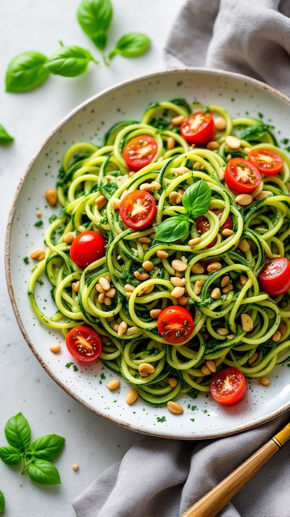 A plate of zucchini noodles topped with pesto, cherry tomatoes, and pine nuts, garnished with fresh basil.