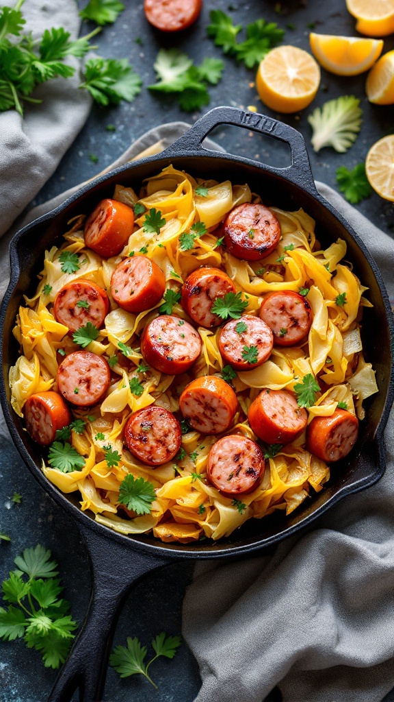 A delicious Cabbage and Sausage Skillet with slices of sausage, cabbage, and fresh herbs.