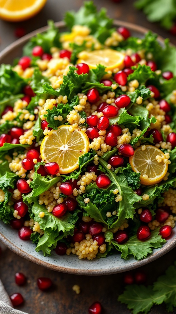 A colorful kale and quinoa salad with lemon slices and pomegranate seeds.