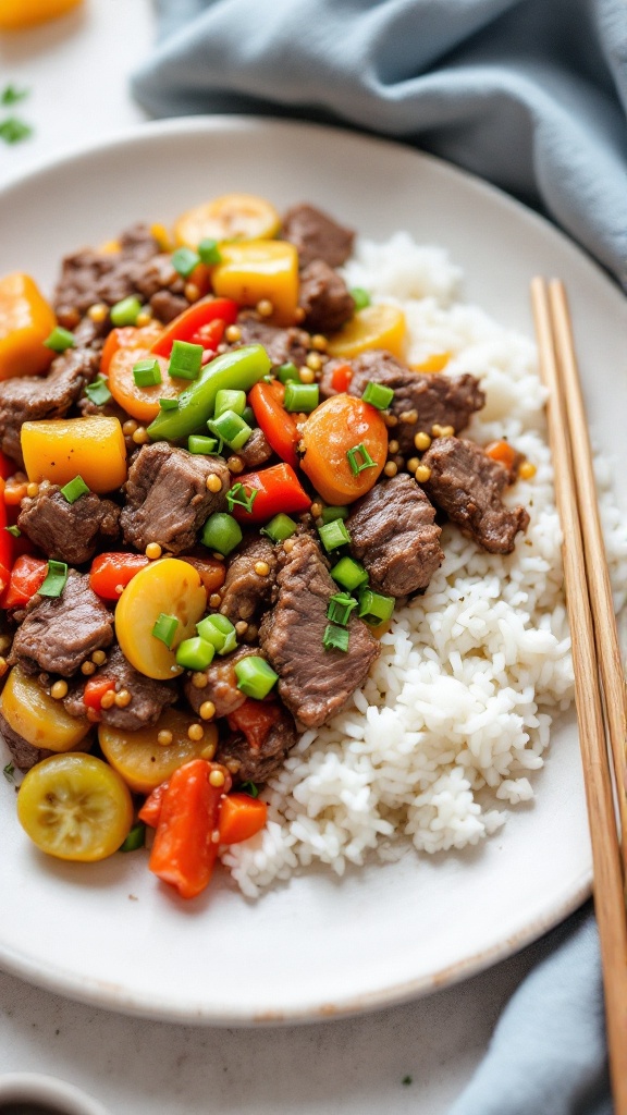 A delicious beef and vegetable stir-fry served over rice, with steam rising in the air.