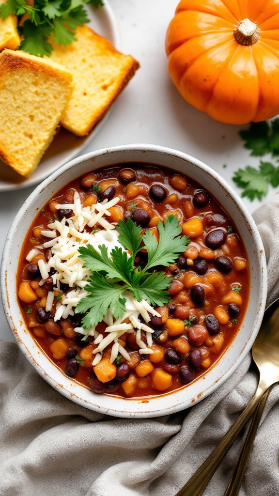 A bowl of pumpkin and black bean chili topped with cheese and cilantro, alongside slices of cornbread and a small pumpkin.