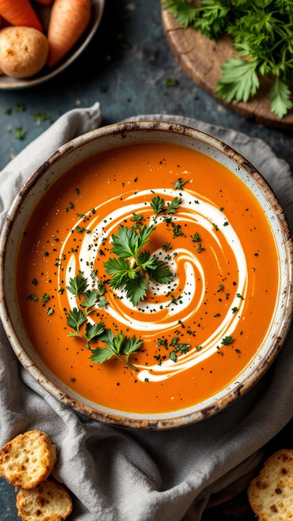 A bowl of vibrant carrot and ginger soup, garnished with cream and fresh herbs, surrounded by carrots and crackers.