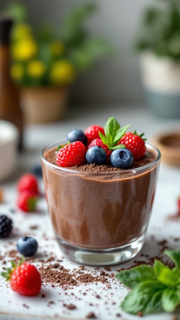 A glass of chocolate chia seed pudding topped with raspberries, blueberries, and mint, surrounded by scattered berries and cocoa powder.