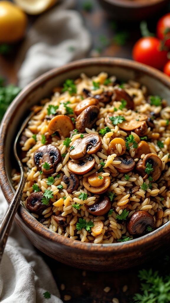 A hearty bowl of wild rice and mushroom pilaf garnished with fresh parsley.