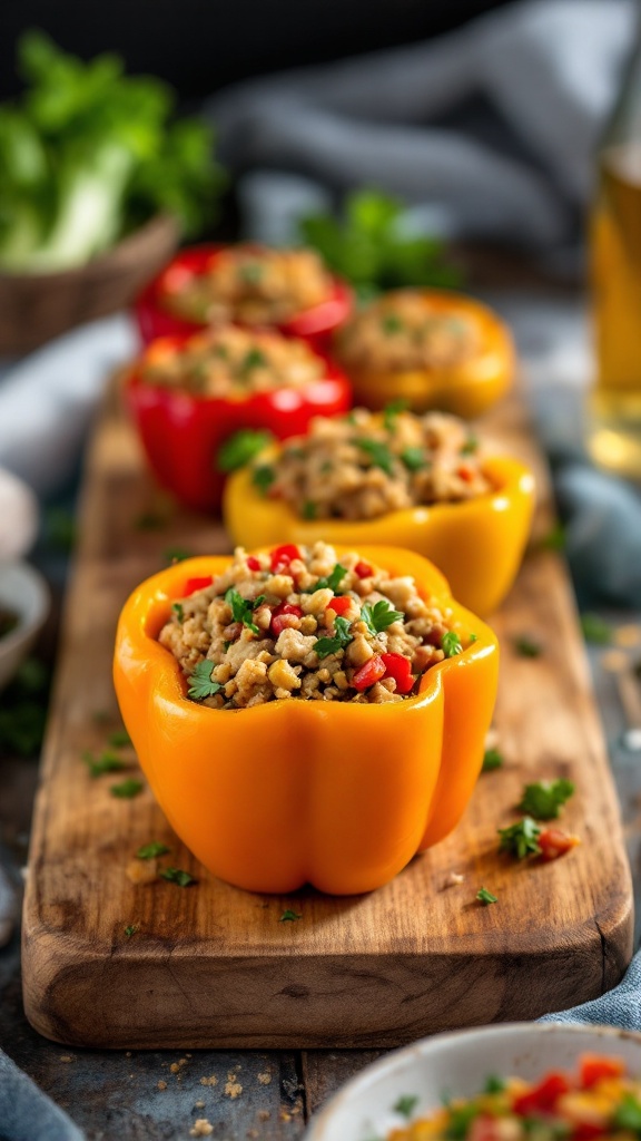 Colorful stuffed mini bell peppers on a wooden cutting board