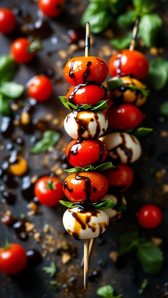 Caprese skewers with cherry tomatoes, mozzarella balls, and basil drizzled with balsamic glaze.