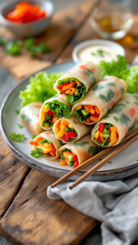 A plate of colorful vegetable spring rolls with a dipping sauce and fresh lettuce.